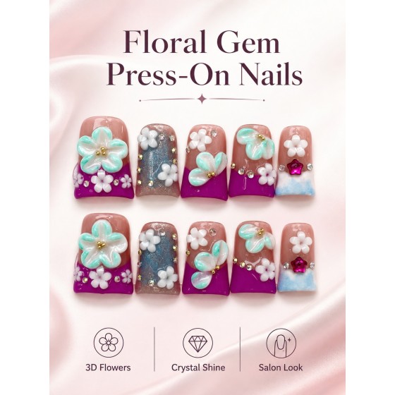 Purple Contrast 3D Floral Press‑On Nails, Medium‑Long Tapered False Nails with Glitter Powder, Rhinestones & Star Gem